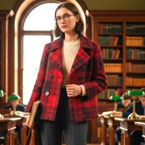 Talbots size 8 red black tweed wool Women blazer plaid academia old money luxur